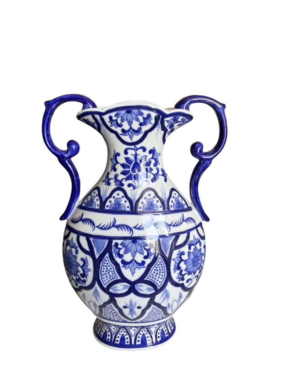 Vintage Blue White Decorative Ceramic Vase Dual Handles Floral Design